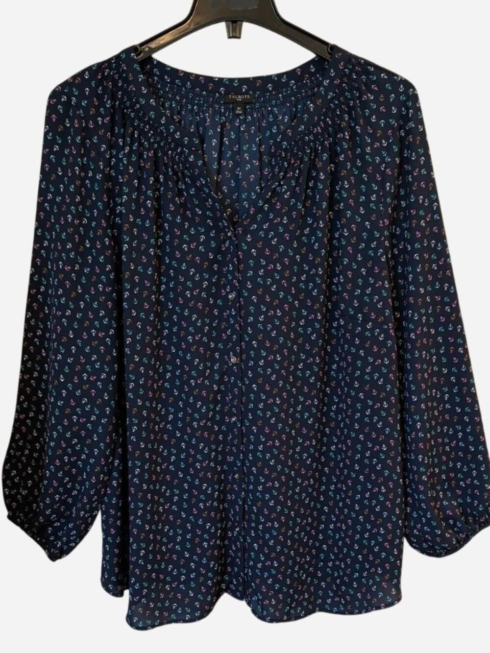 Talbots Navy Anchor Print Button Blouse 3XL Plus Size Nautical Top